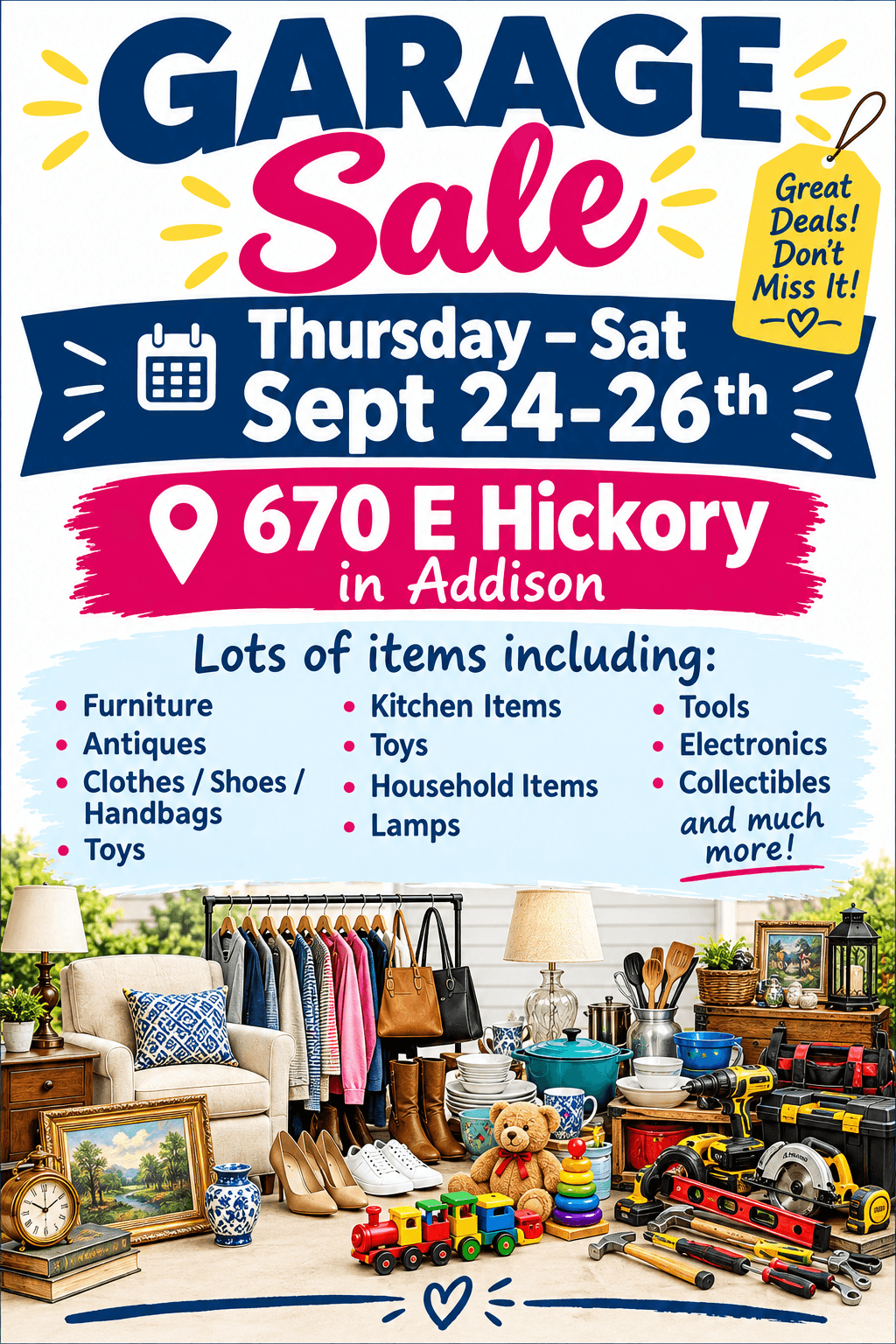 Addison Garage Sale Thurs, Fri, Sat Sept 24th, 25th & 26th!!!