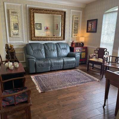 Eclectic curated home Asian, Art, opium bed, African mask and more