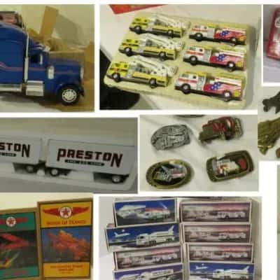 Vintage inventory die cast toys, truck memorabilia, hat pins, belt buckles