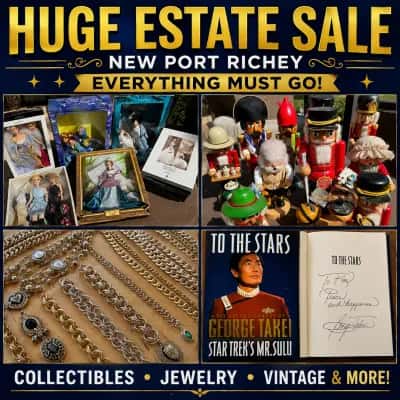 HUGE NEW PORT RICHEY WHOLE HOUSE ESTATE SALE JEWELRY, BARBIE, STAR TREK, STEINBACH, VINYL 78 & 45, A