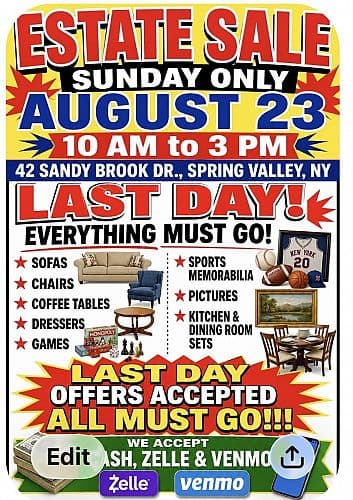 HUGE ESTATE SALE SUNDAY ONLY 8/23 10-3pm