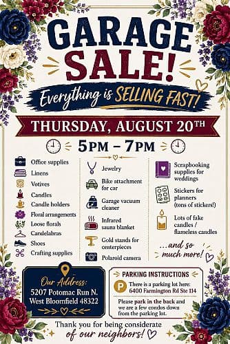 HUGE West Bloomfield Garage Sale - Wedding Décor, Clothes, Crafts & More!