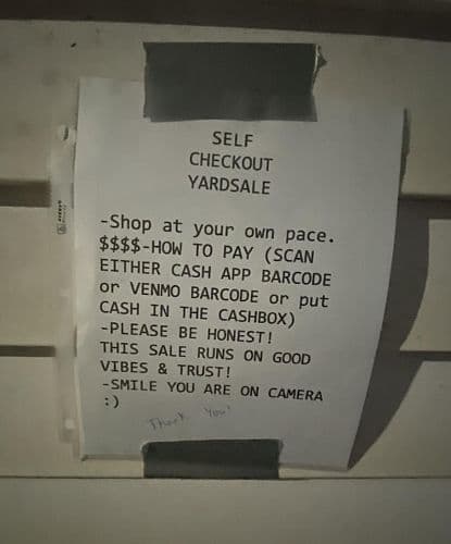 .25 cent self checkout yard sale