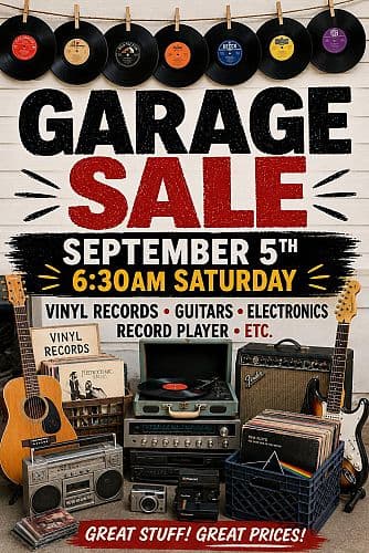 HUGE Guitars Vinyl Records and Electronics Yard Sale - September 5th 6:30AM