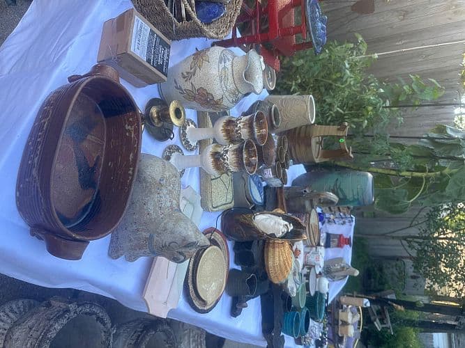 Vintage pottery, clothing, brass