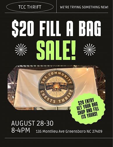 $20 Fill-a-bag Warehouse Thrift Sale @ TCC Thrift GSO 8/28-30 Vintage!