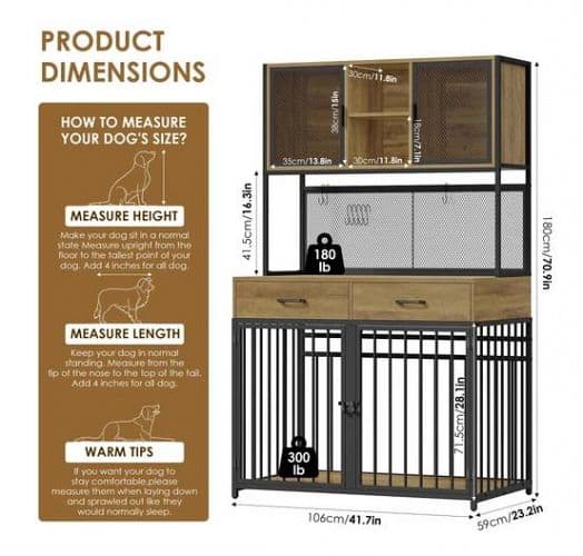 Like New - Hiphuta 71" Tall Dog Crate Furniture with Hutch (Ash Gray)