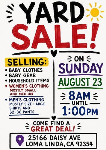 Yard Sale Sunday August 23, 2026