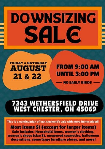 Downsizing Sale - Friday & Saturday Aug 21 & 22