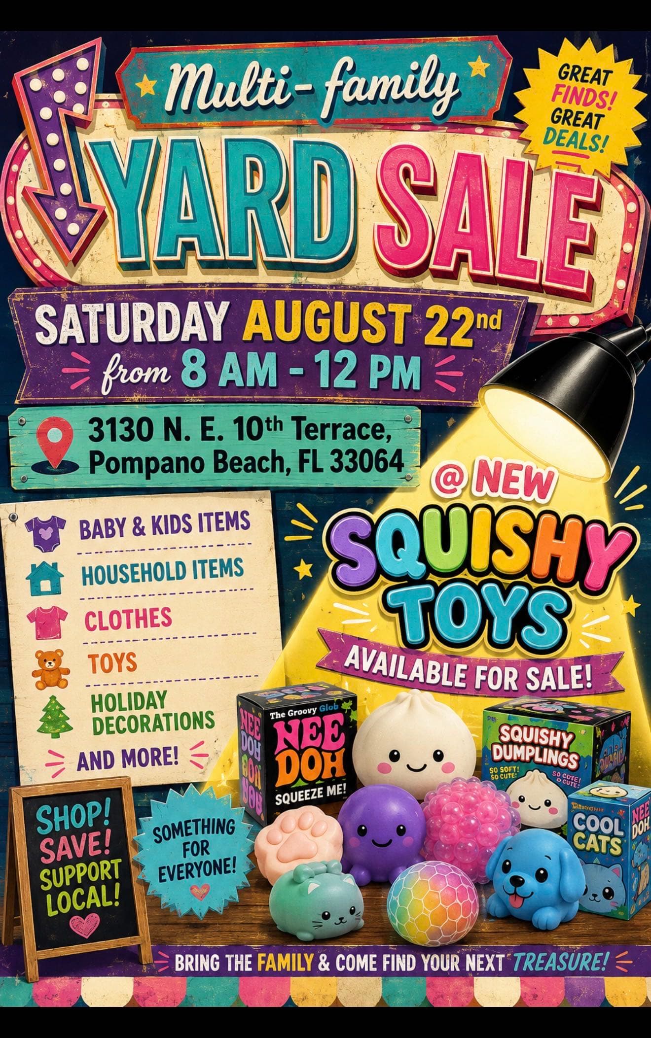 multi family yard sale & NEW squishy toys !