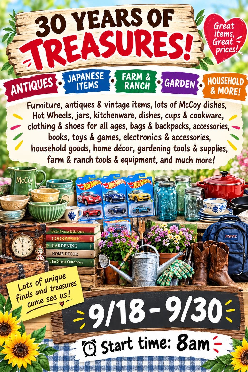 30 YEARS OF TREASURES! ANTIQUES β’ JAPANESE ITEMS β’ FARM & RANCH β’ GARDEN β’ HOUSEHOLD & MORE!